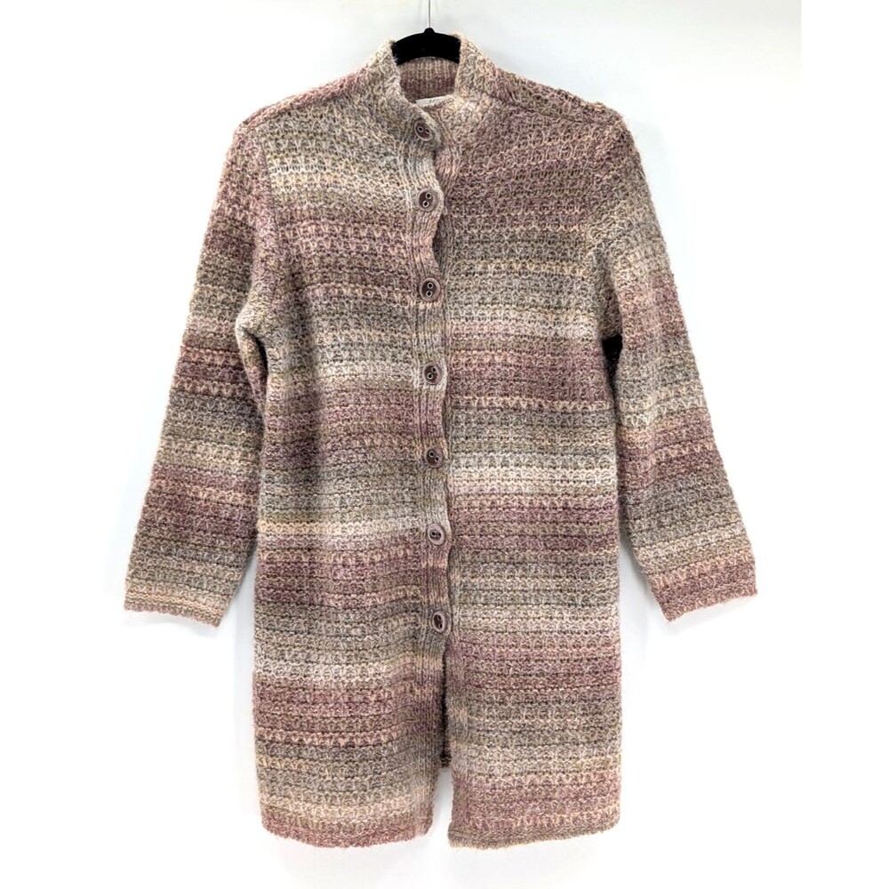 J. Jill Long Wool Blend Boho Brown Striped Ombre Cardigan Velvet Buttons Size MP